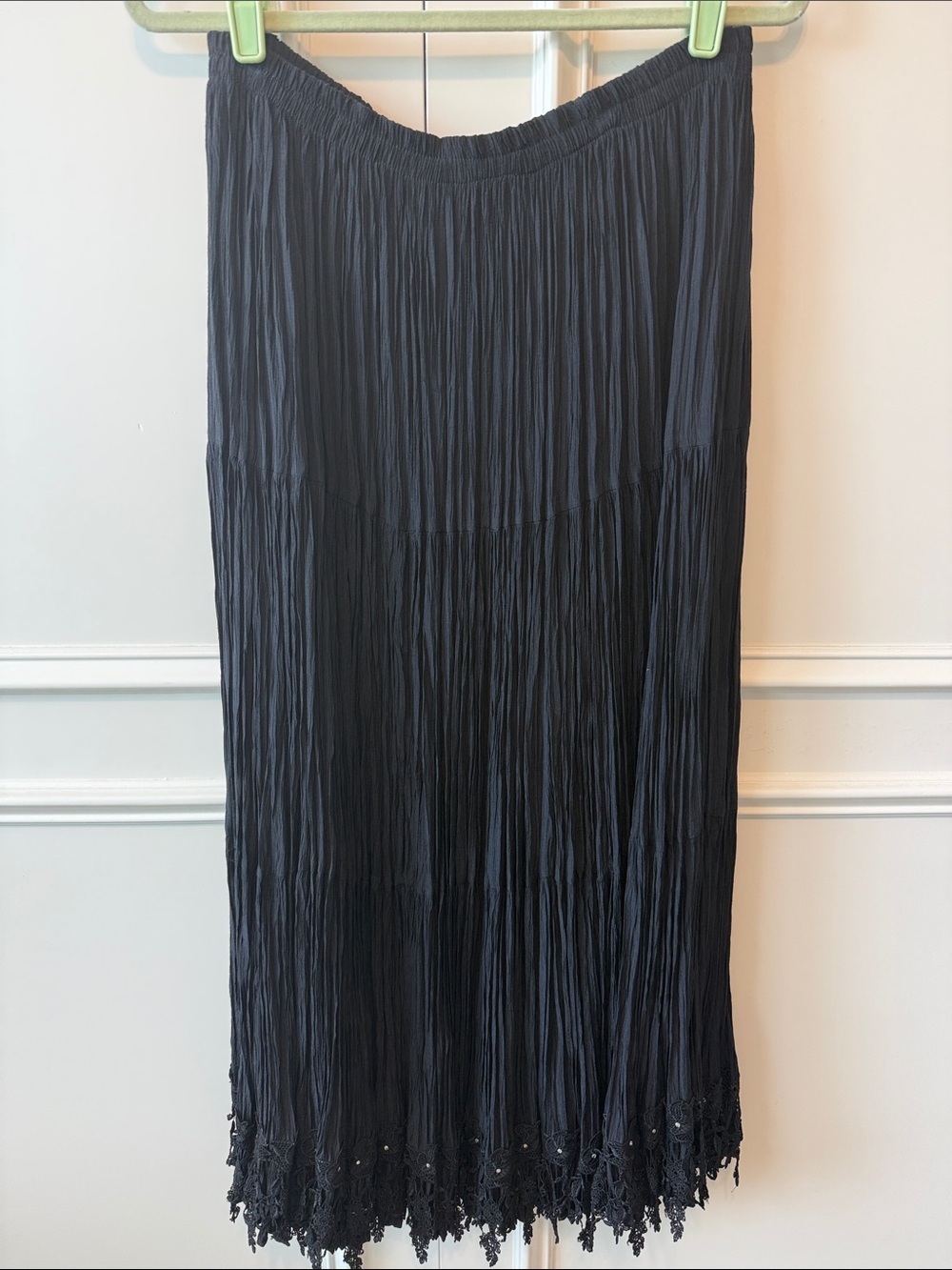 Women's Black Crinkle Maxi Skirt with Crochet Trim
